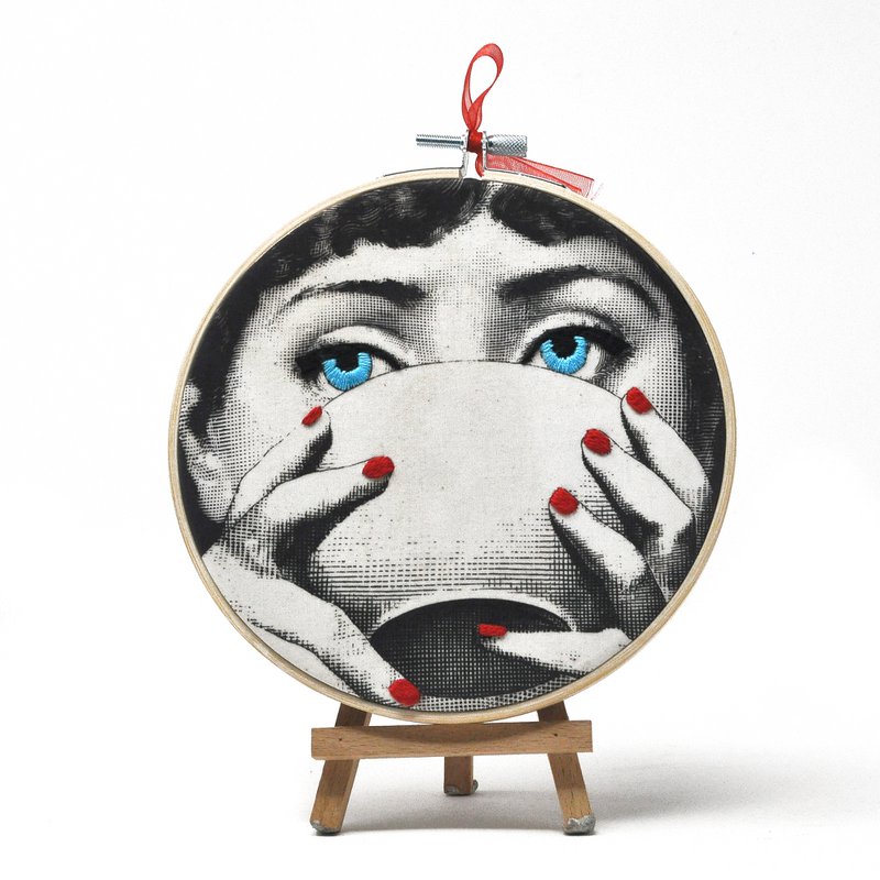 Handmade Embroidery Hoop Wall Art - "Iconic Lina" Collection (Fornasetti Inspired) - Textile Wall Art Decoration 15cm