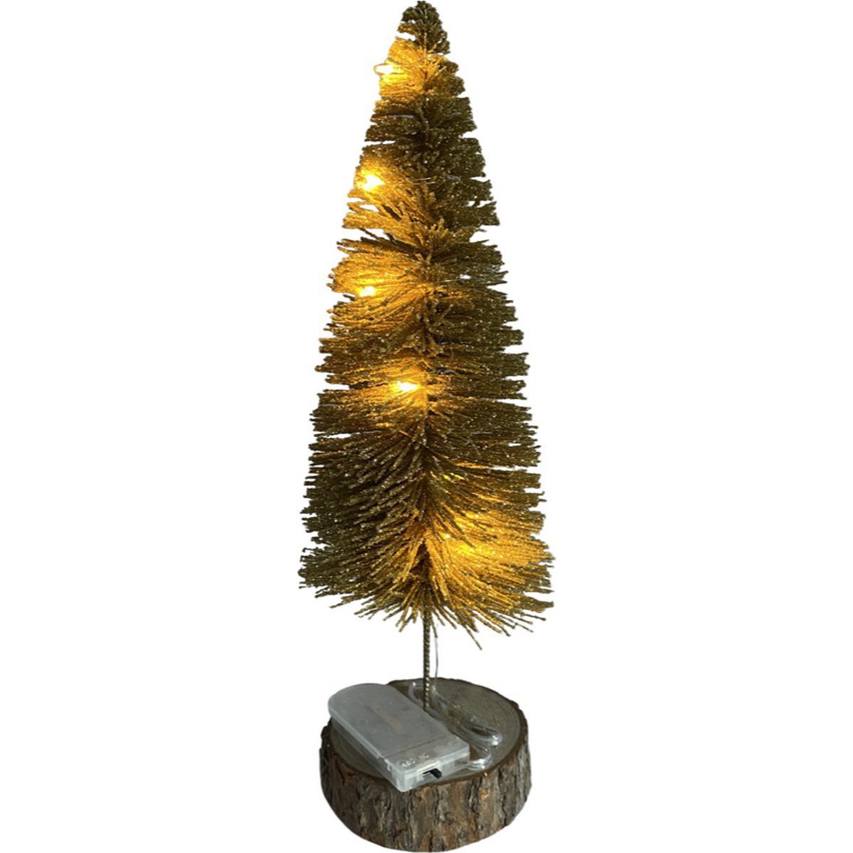 Árbol de Navidad de mesa con iluminación LED | ø 8 x 25 cm | Mini árbol de Navidad decorativo con iluminación LED alrededor y base de madera | Oro