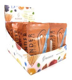 "Colorful fruit-flavored toothpick refill packs display box with peach, grape mint, orange cinnamon, cherry menthol, blueberry, pineapple, apple flavors"