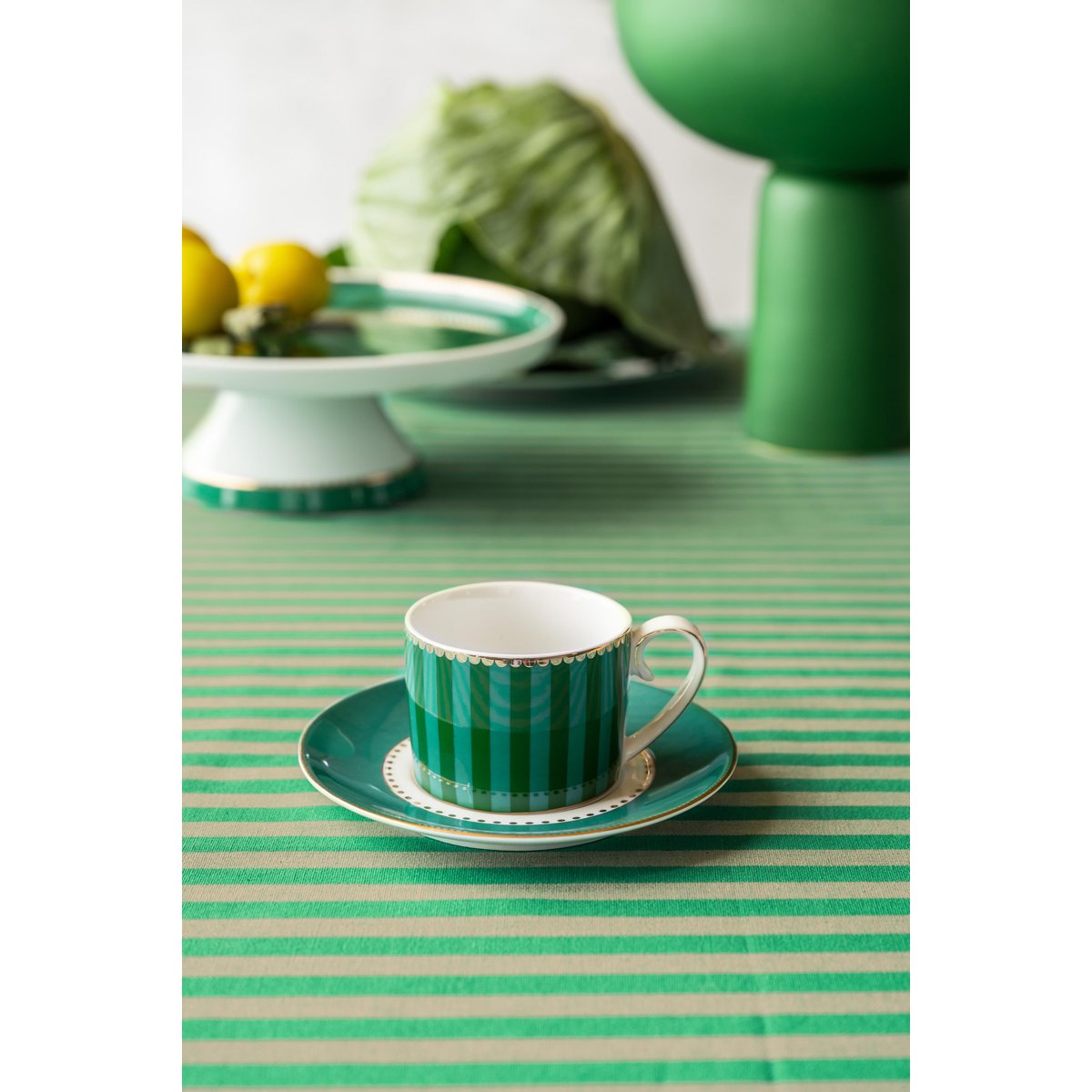 Set/2 Espresso Cups & Saucers Love Birds Stripes Emerald-Green