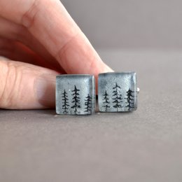 Cuff links with pine trees, Unique gift for men