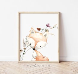 Ræve børnehave print, ræve plakat, blomster planteskole print, sødt ræve print, vilde blomster print, piger børnehave plakat, pigeværelse