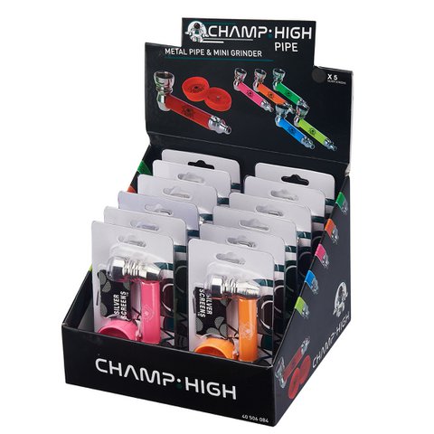 Display of 12 metal pipe sets and mini spice mill