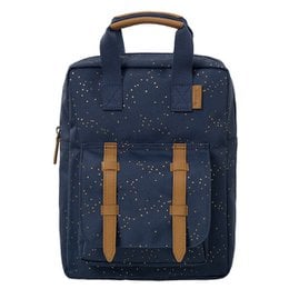 Navy blue backpack with white polka dots, suitable for kids. Features adjustable straps and a spacious main compartment.