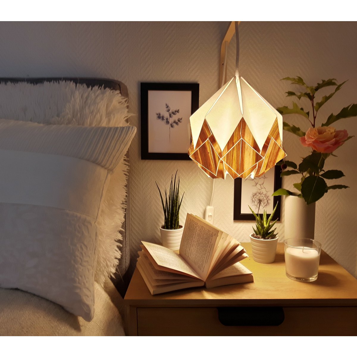 Origami Pendant in Ecowood and White Paper - size S