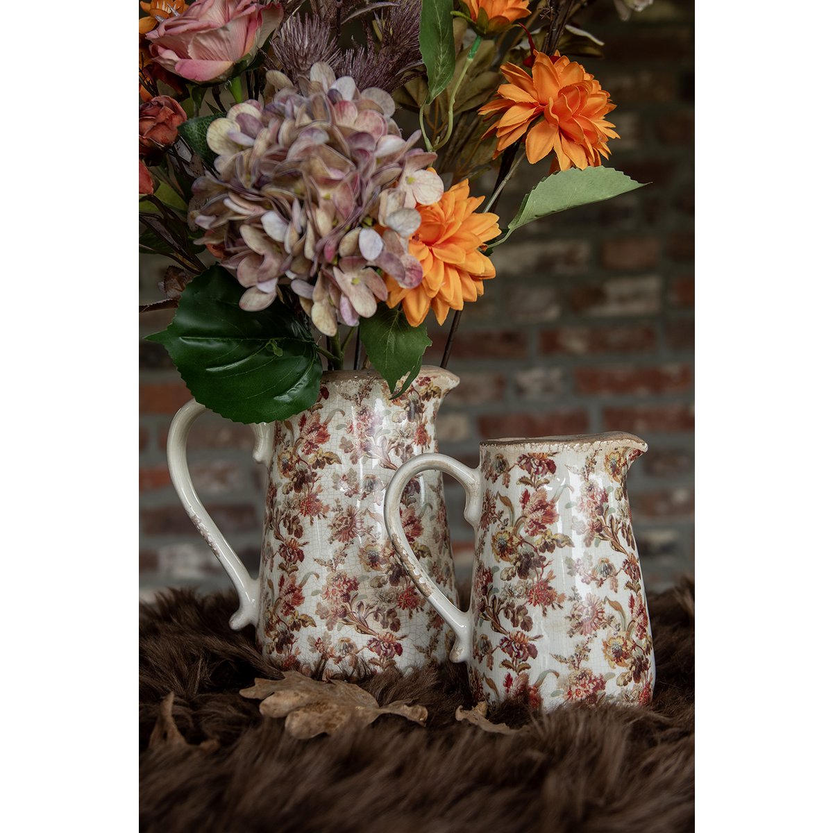 Decoratie Kan 16x12x18 cm Beige Roze Keramiek Bloemen Schenkkan