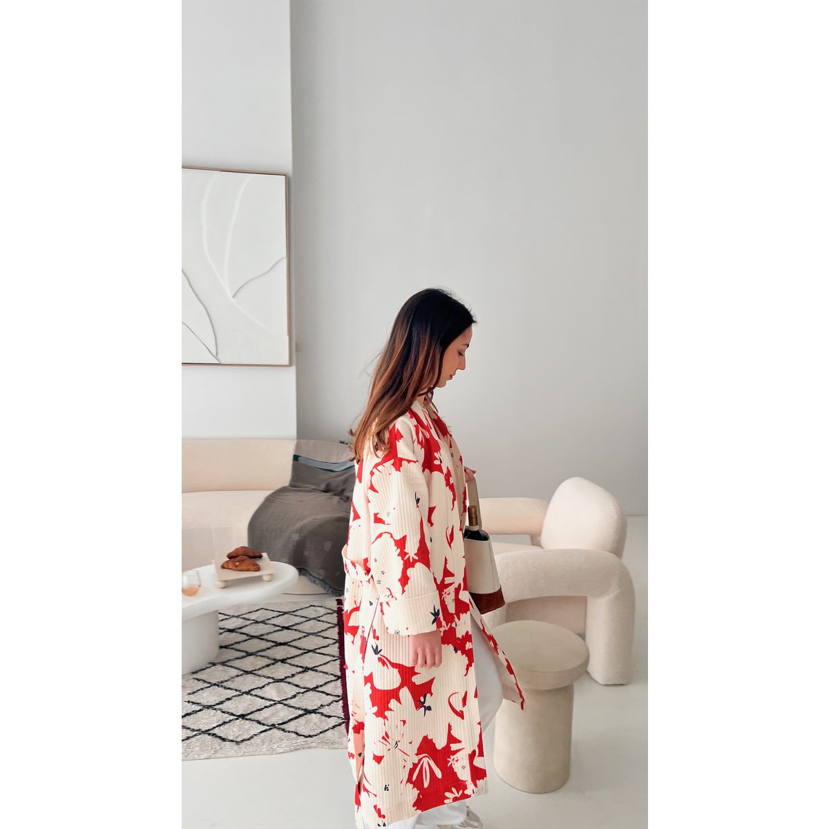 Sakura Kimono - 100% katoen met eigentijds patroon in sakura rood en gebroken wit, te gebruiken als bad- of huisjas maar ook als jasje