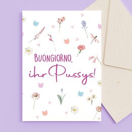 Greeting card with a celebratory cat wearing a party hat and holding a bottle of champagne. The card has the text "Cheers" printed on it.