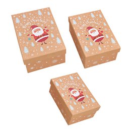  A set of 3 gift boxes in brown paper/cardboard with Santa Claus and holiday decorations printed on them. The boxes vary in size, with dimensions of approximately 21x8x14cm, 19x8x13cm, and 17x7x11cm.