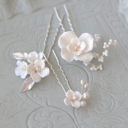 Ceramic Flowers Bridal Hairpins-One set of 3