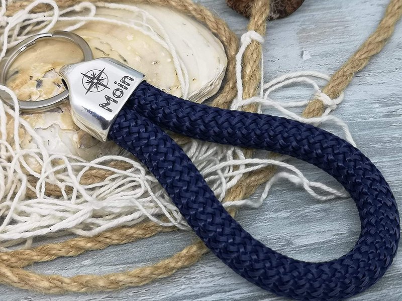 MOIN - Schlüsselanhänger Schlaufe - handgetüdelt in Hamburg - maritimes Geschenk, für einen Umzug nach Norddeutschland oder an die Küste - dunkelblau