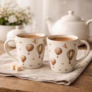 Keramische mokset met heteluchtballon - Grillige vintage thee- en koffiekopjes (set van 2)