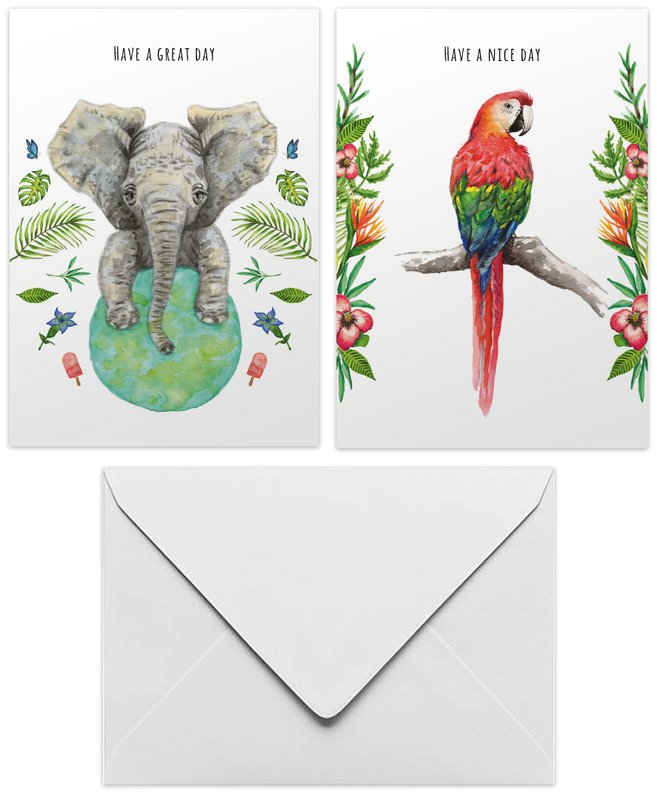 10 biglietti di auguri buona giornata + grande giornata con busta - dipinto a mano - cartolina - elefante - pappagallo - botanico - formato A6