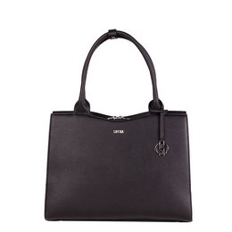 Deep black midi laptop bag with 14-inch capacity, made of durable material, featuring a sleek and minimalist design.