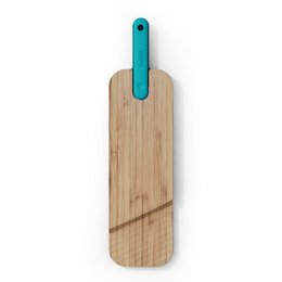 A wooden cutting board with a turquoise handle, suitable for slicing salami or other meats.