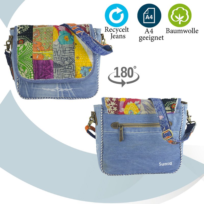 Bolso de hombro sostenible de mujer Sunsa. Bolso de hombro hecho de tela de jeans y sari reciclados (lienzo). Bolso estilo retro vintage. Bolso bandolera para mujer.
