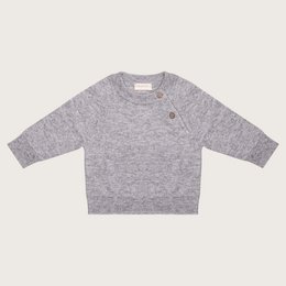 Gray knit pullover sweater, long sleeves, soft baby clothing, cozy infant wear.