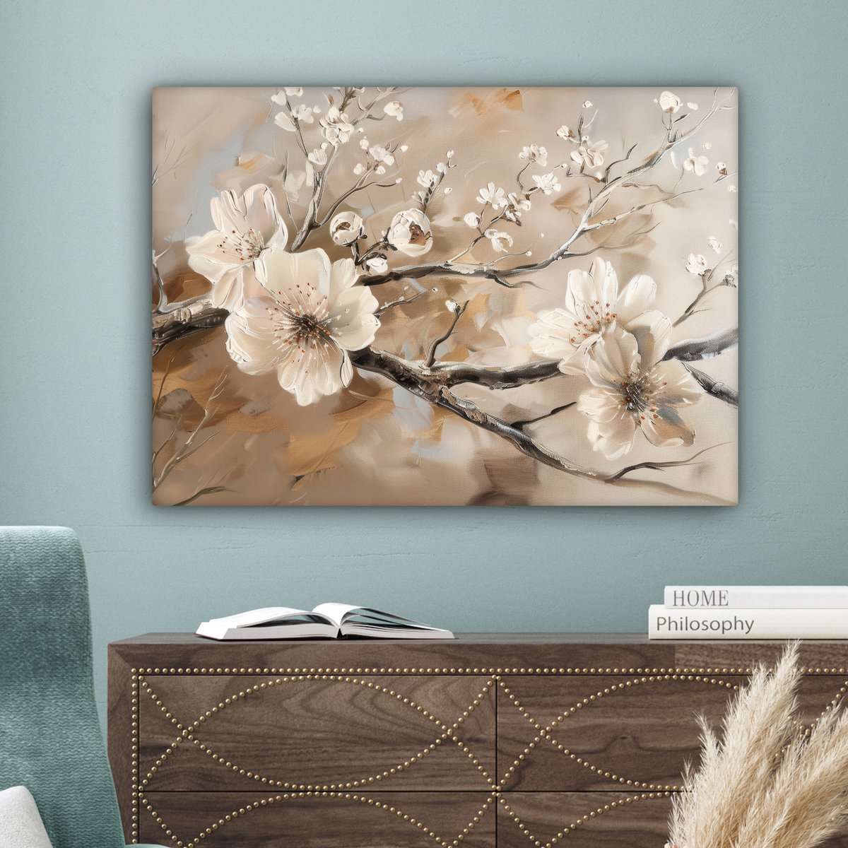 Canvas schilderij  - Wanddecoratie Bloemen - Natuur - Wit - Bloesem - Abstract - Muurdecoratie woonkamer - Slaapkamer decoratie - Kamer accessoires - Schilderijen op canvas