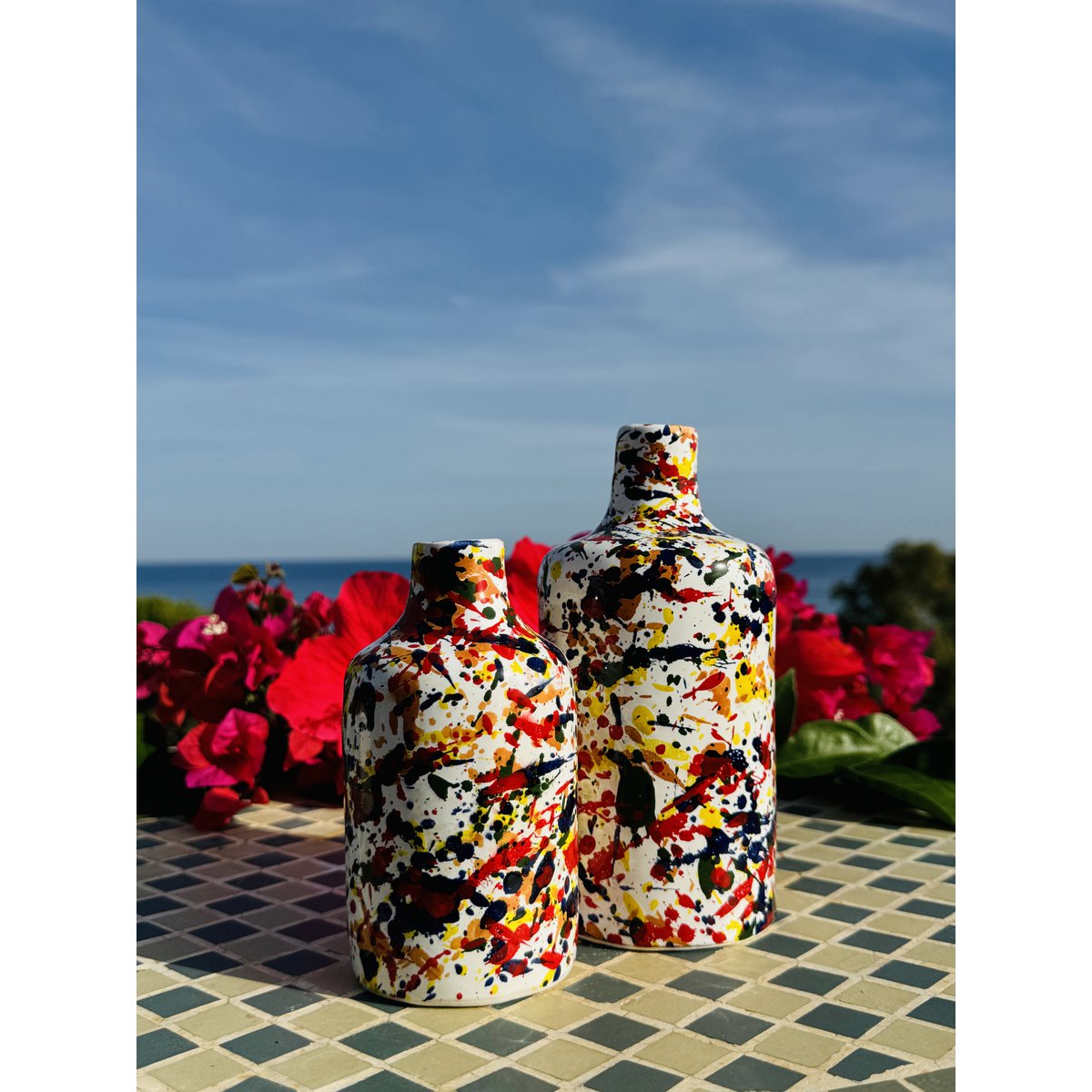 Handgemaakte kleurrijke olierijolie Oil Donor Oil Kik keramische fles "Arlecchino" voor olijfolie uit Italië 250 ml
