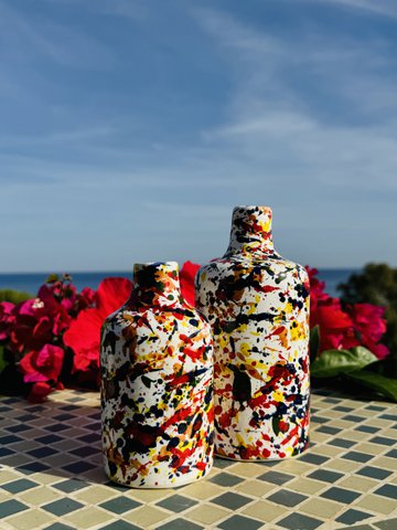Handmade colorful oil bottle oil donor oil jug ceramic bottle "Arlecchino" for olive oil from Italy 250ml