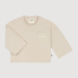 Cream beige long sleeve slub t-shirt with chest pocket, soft cotton baby shirt, comfortable everyday wear.