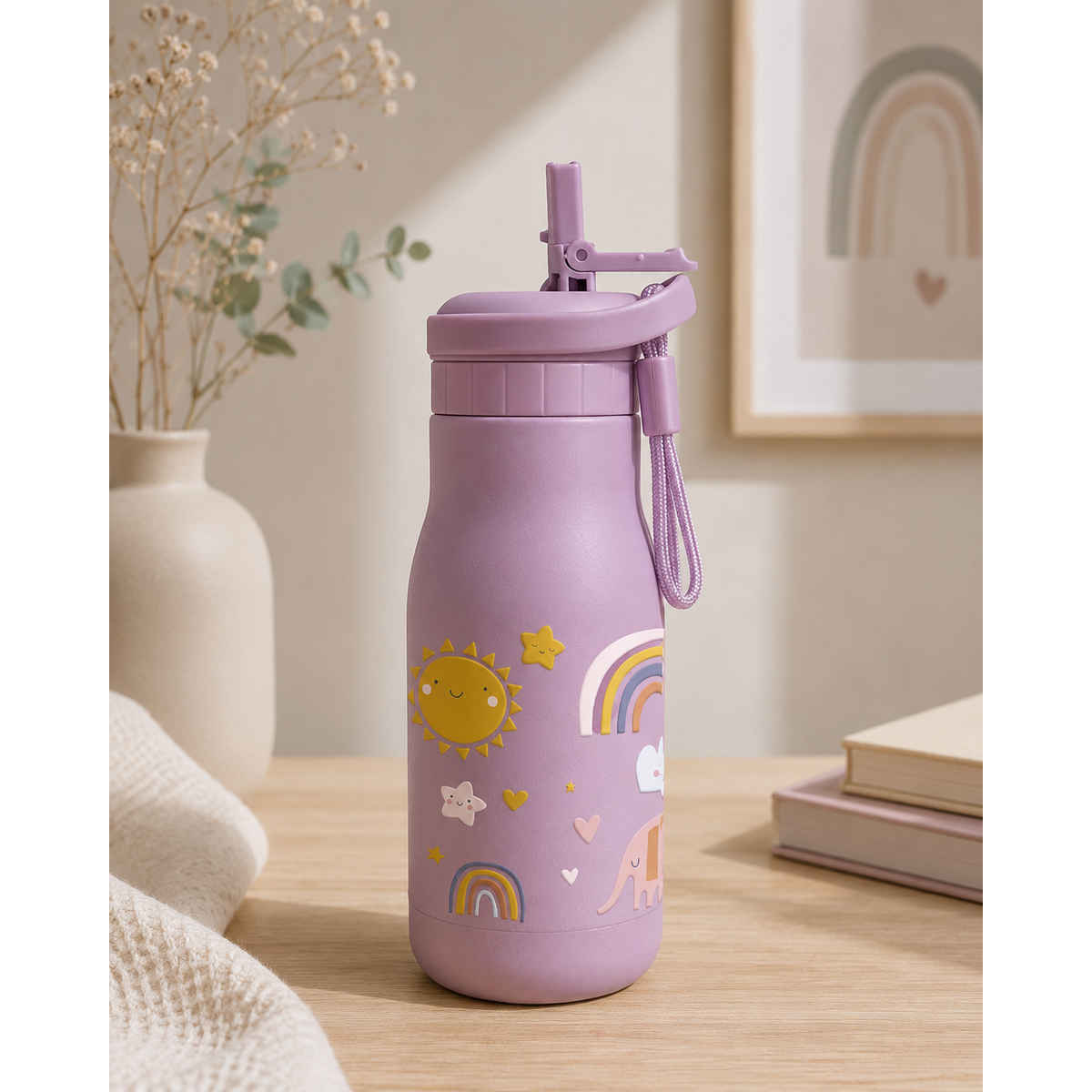 Jenard® kinderdrinkfles RVS - lekvrij, dubbelwandig, BPA-vrij, thermosfles voor school en kleuterschool. Roze/regenboog