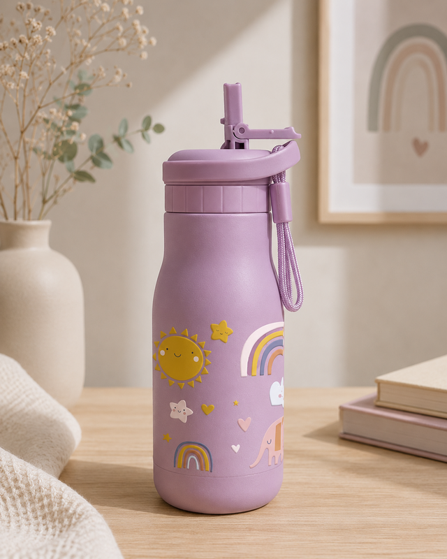 Jenard® kinderdrinkfles RVS - lekvrij, dubbelwandig, BPA-vrij, thermosfles voor school en kleuterschool. Roze/regenboog