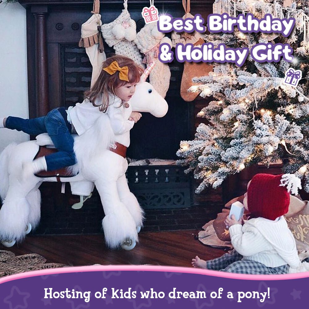 PonyCycle Official Classic Ride on Toys Modèle U Licorne blanche, rose et violette - avec frein et son