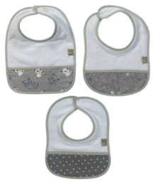  Three cotton bibs, gray and white, animal patterns, polka dots, soft fabric, baby essentials.
