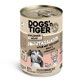 Wet dog food with game, poultry, pear, millet, and carrot. Available in 400g, 800g, 6x 400g, 6x 800g, 12x 400g, and 12x 800g sizes.