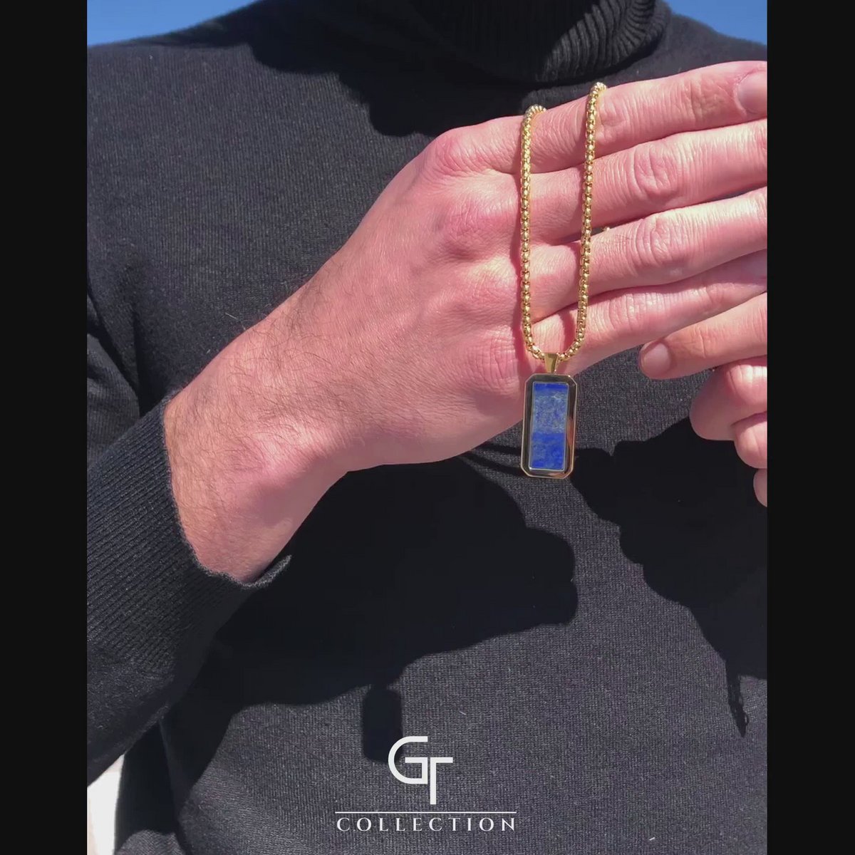 Collana in acciaio inossidabile dorato maschile con ciondolo Lapis Lazuli rettangolo
