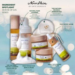 A collection of natural skincare products from Scandinavia, including face creams, serums, and cleansers. The products feature natural ingredients like aloe vera, chamomile, and vitamin E, and are designed for a complete morning and evening skincare routine.
