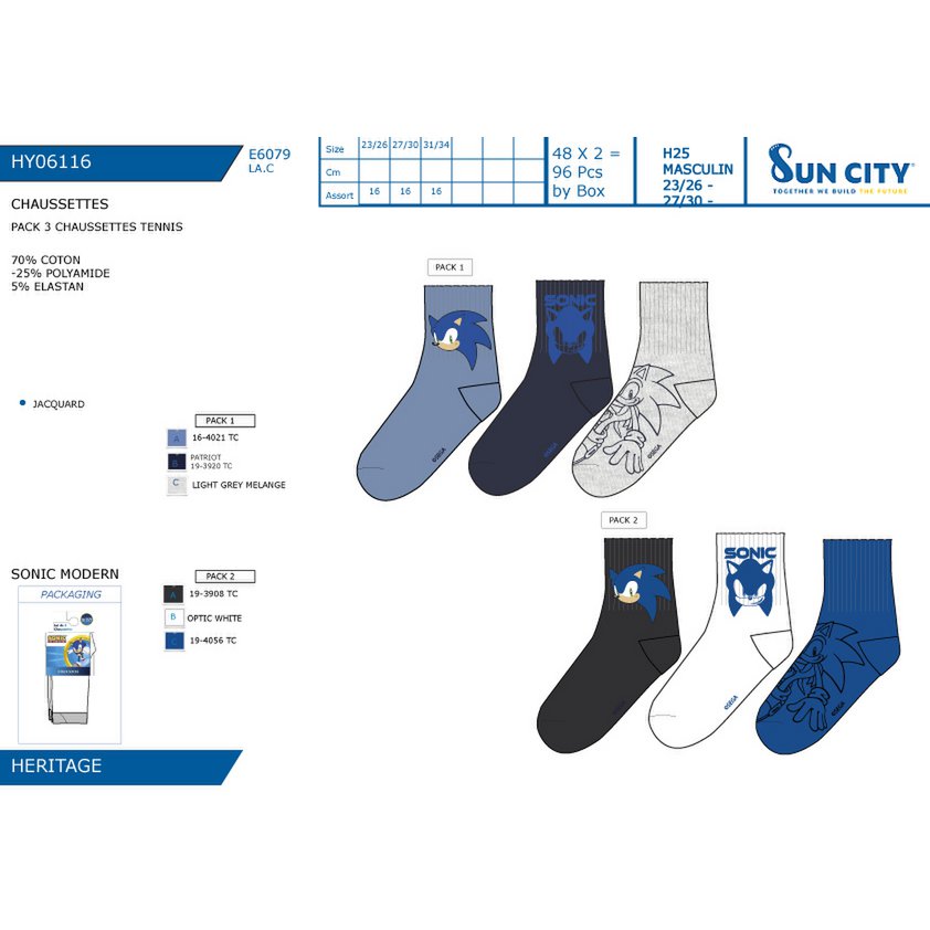 Lot of 96 Units | Pack 3 Sonic Children's Tennis Socks | Officially Licensed Products | SUN CITY Group