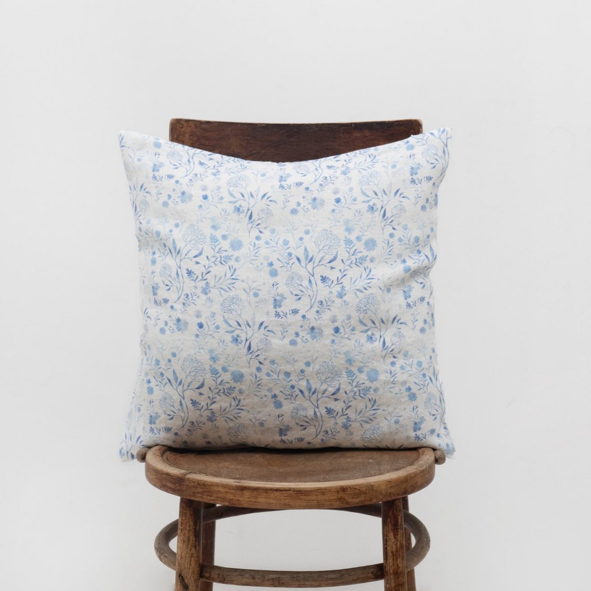 White Botanical Blue Linen Cushion Cover
