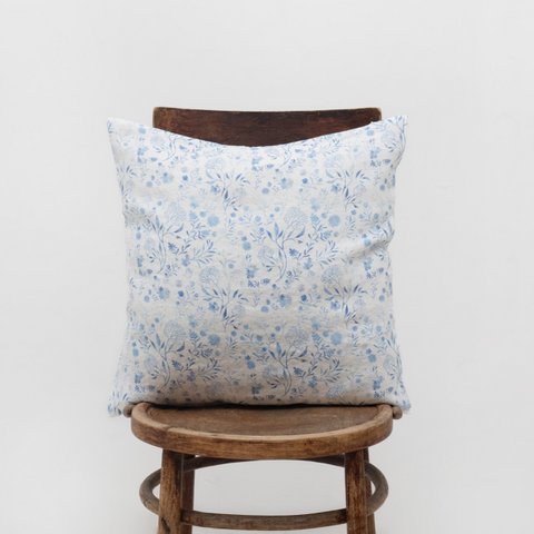 White Botanical Blue Linen Cushion Cover