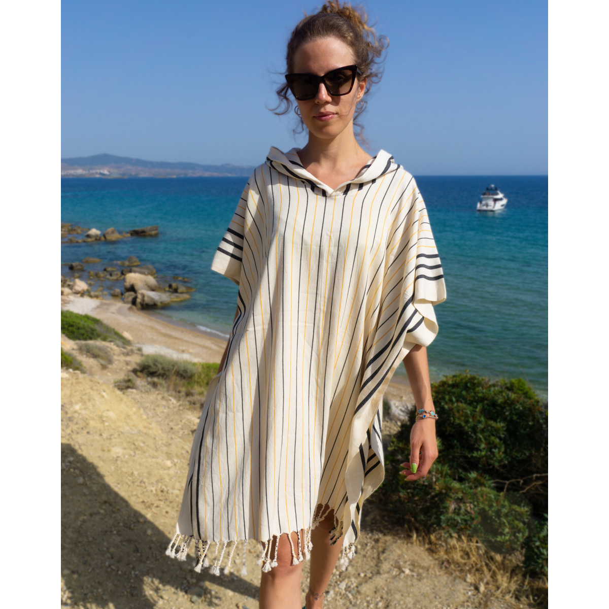 SERENITY Women Hooded Cotton Beach, Pool, Spa & Sauna Poncho, Changing Towel – Stripe Yellow (with Recycled Gift Box)