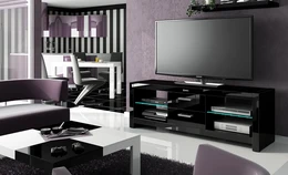 Black high-gloss TV stand, modern sleek design, storage shelves, entertainment furniture