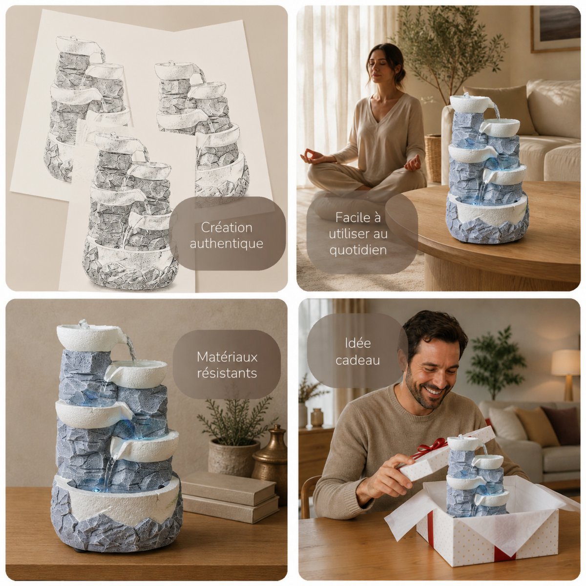 Indoor Fountain - Ganda - Natural Stone Effect Waterfall - Colorful Led Light - Zen Decoration and Gift Idea
