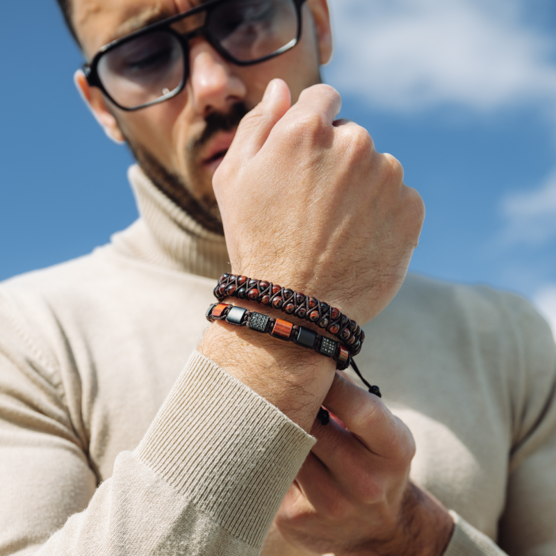Roter Tigerauge für Männer, schwarzes Onyx Flat Perlenarmband