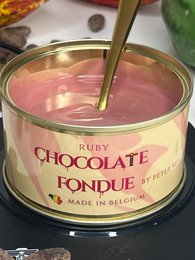 "Ruby pink chocolate fondue pot with spoon, made in Belgium, creamy melted chocolate dessert"