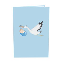 Tarjeta desplegable Cigüeña y bebé (azul)