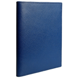 Navy blue leather passport sleeve with saffiano texture.