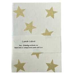 A5 size notebook with a soft cover, featuring a star print design in gold on an off-white background. The notebook is made with eco-friendly paper and is handmade in Nepal.