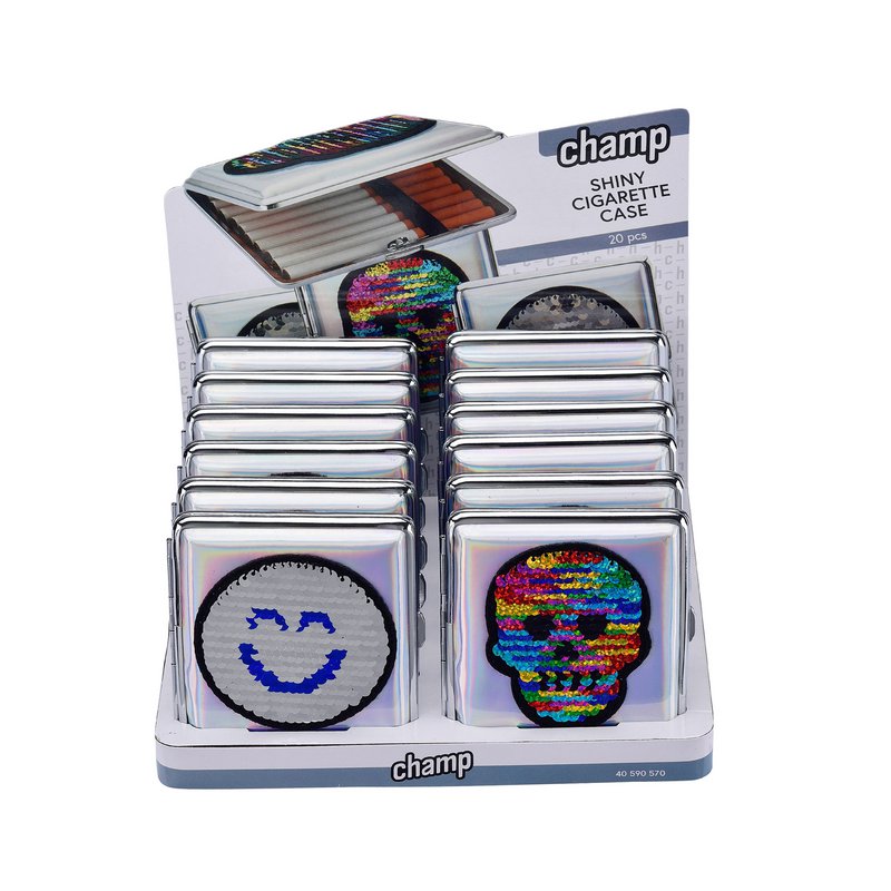 Sigarettendoosje met pailletten x12: Smiley en Schedel