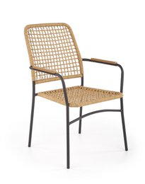 "Woven rattan dining chair, natural wood color, metal frame, modern wicker design"
