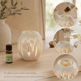 Quemador de perfumes serie Céramy – Ovali blanco – Portavelas de cerámica lacada – Difusión de ceras aromáticas, aceites esenciales – Idea decorativa de regalo