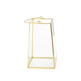 Tall white lantern with gold edge and handle, measuring 20cm in height. Suitable for indoor or outdoor use, providing a warm, ambient light.