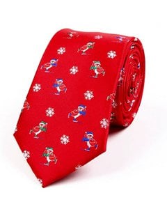 Tie - Red with skating penguins