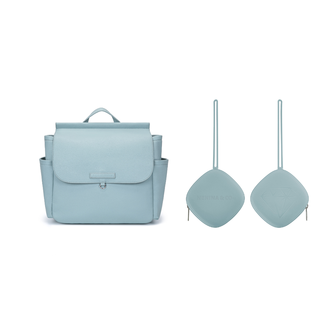 MIREM Maternity Bag By Nenina & Co Dusty Blue + Gift Changing Mat + Pacifier Holder