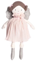A soft, plush doll with a pink tulle dress and brown hair. The doll has a sweet, whimsical appearance and is suitable for young children.